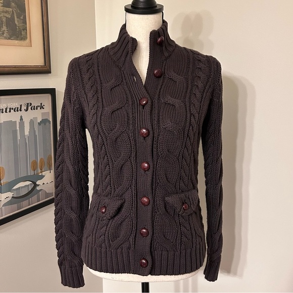 Lands' End Brown Cable Knit Cardigan Sweater XS/P - Picture 1 of 5